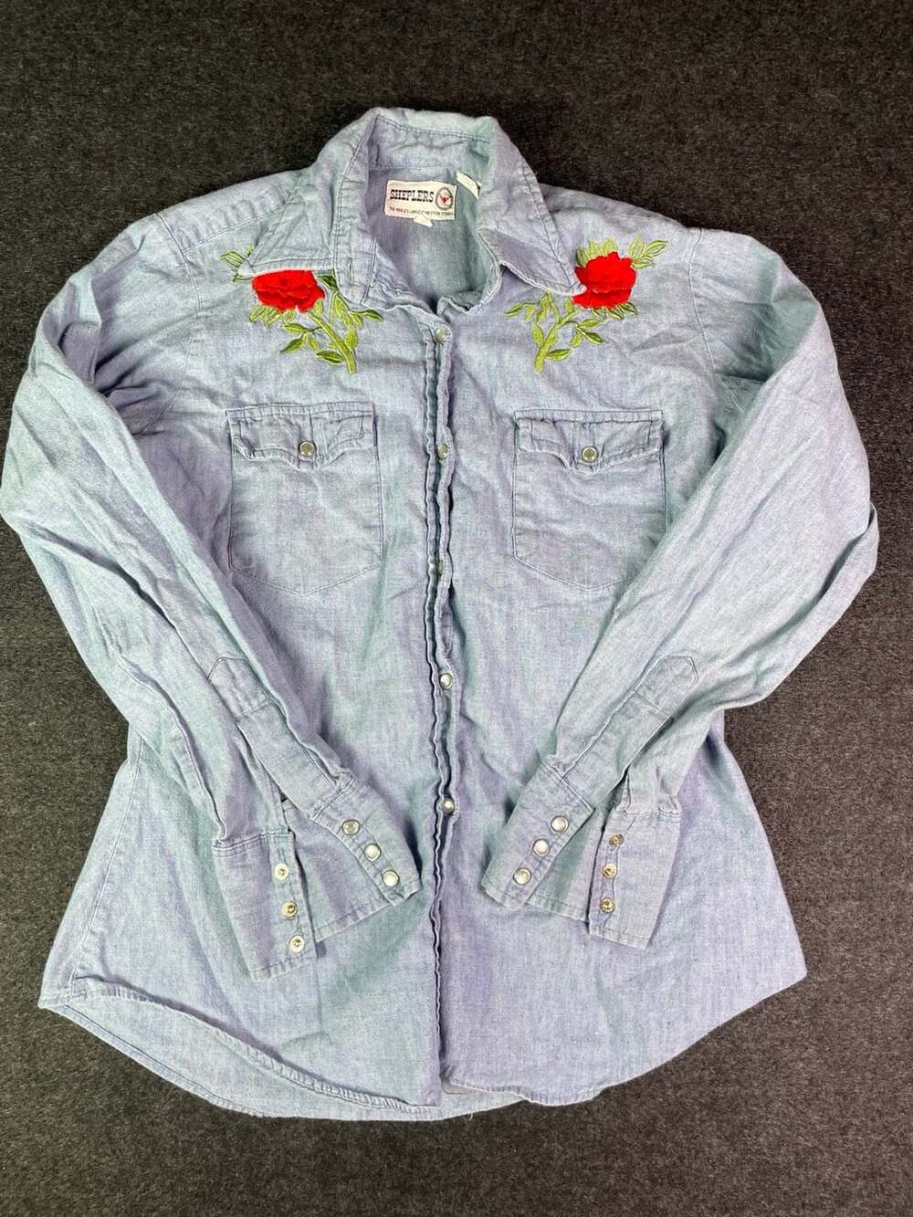 Sheplers Western Shirt Size 12 Chambray Floral Rose Embroidered